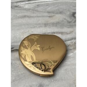 Unused Vintage 1950s Elgin American Heart Compact Gold Floral Made in the USA